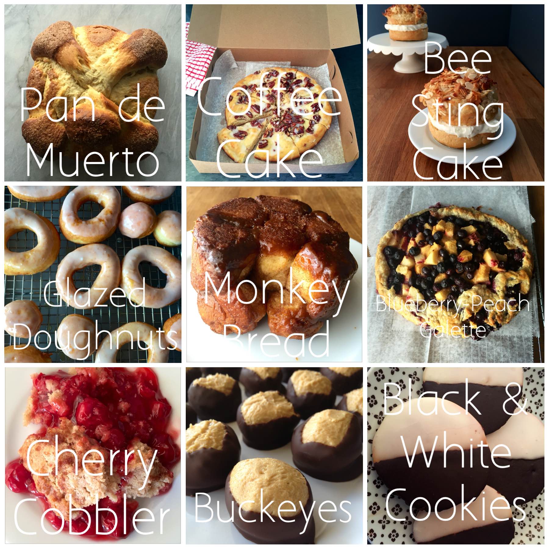 Black-and-white-cookies-monkey-bread-pan-de-muerto-glazed-doughnuts-buckeyes-galette-bee-sting-cake-cherry-cobbler-coffee-cake